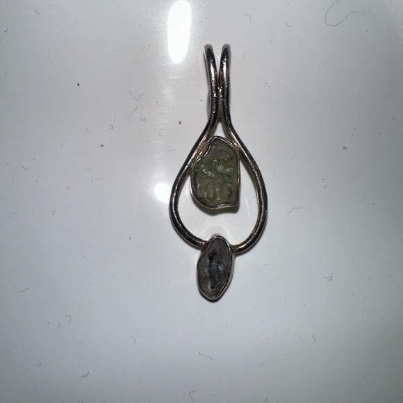Genuine Moldavite & Herkimer Diamond Sterling Silver Pendant - Picture 2 of 4